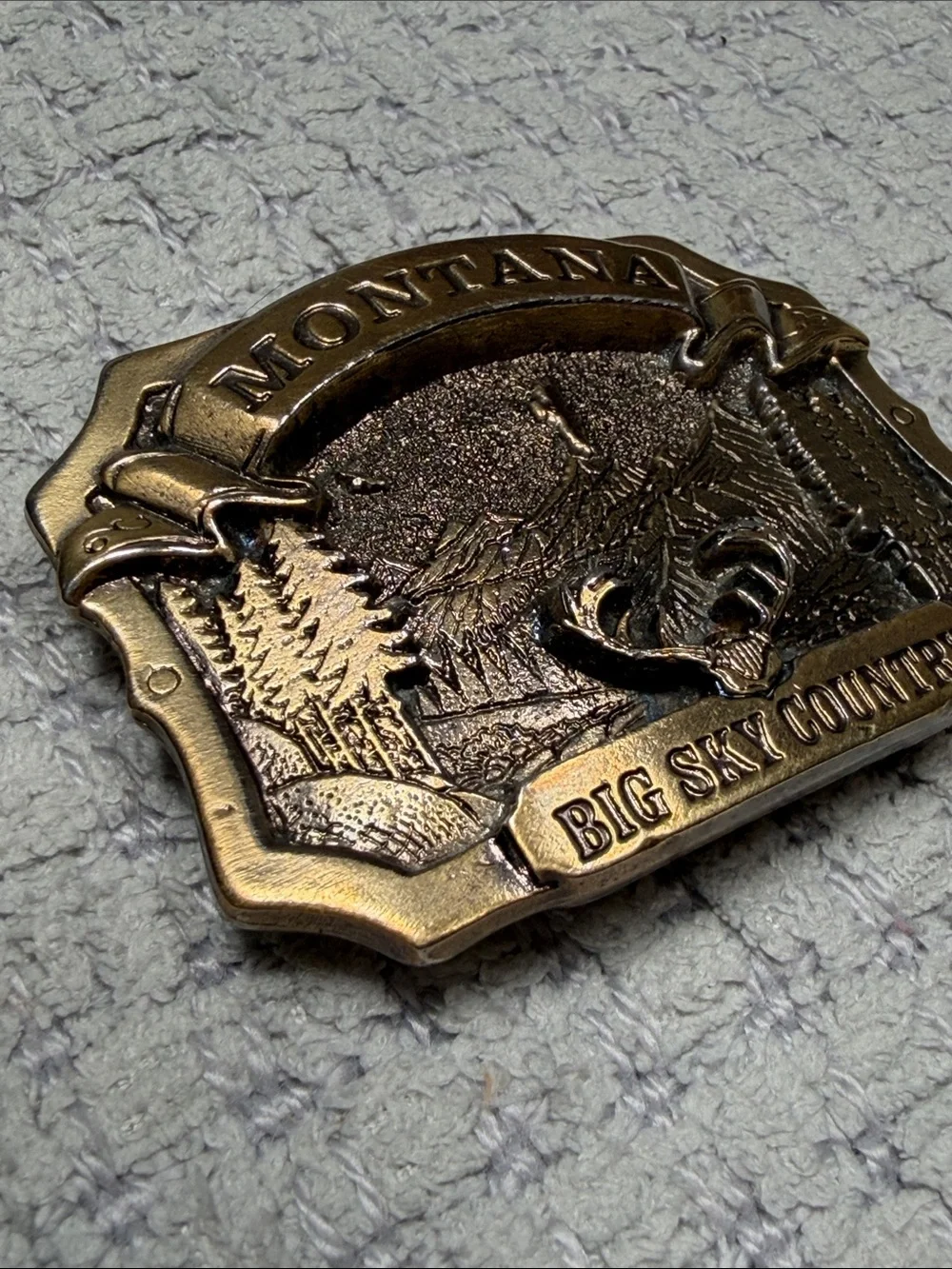 Solid Brass Big Sky Country MONTANA Antlers Eagle Mountains Belt Buckle Vintage